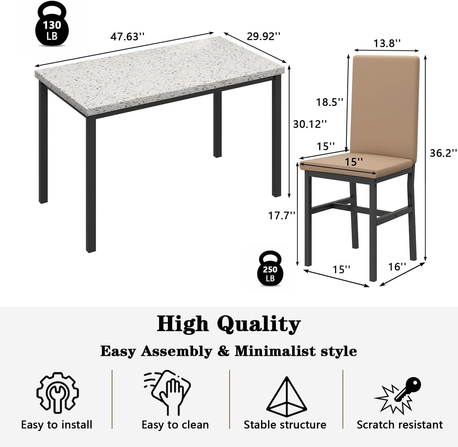 Juego de mesa de comedor para 4, 5 piezas de mármol con 4 sillas de cuero