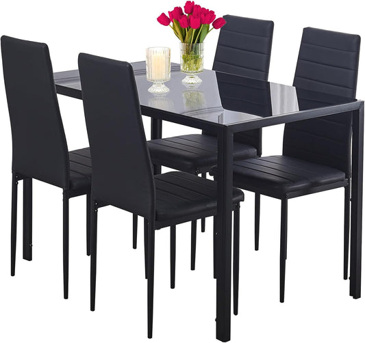 Mesa de comedor negra con sillas, juego de mesa rectangular para 4 mesas de