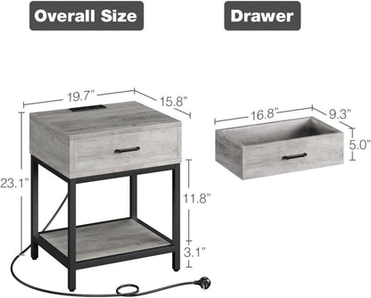 GAOMON Mesita de noche gris con estación de carga, mesa auxiliar con cajón de...