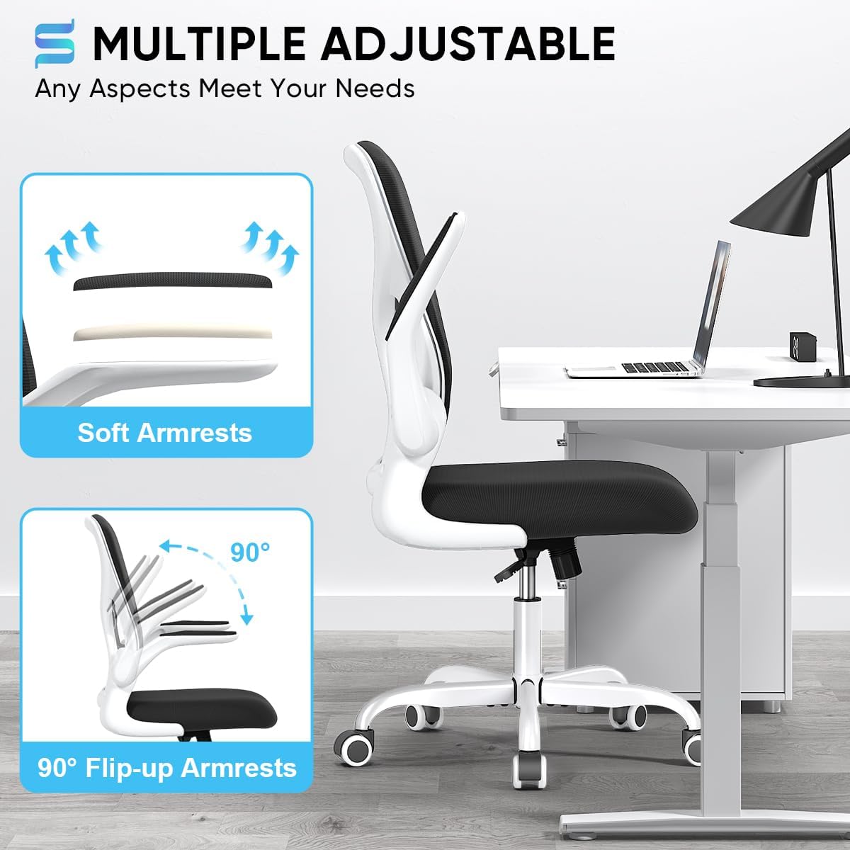 Sytas Silla de escritorio ergonómica con brazos abatibles acolchados y soporte...