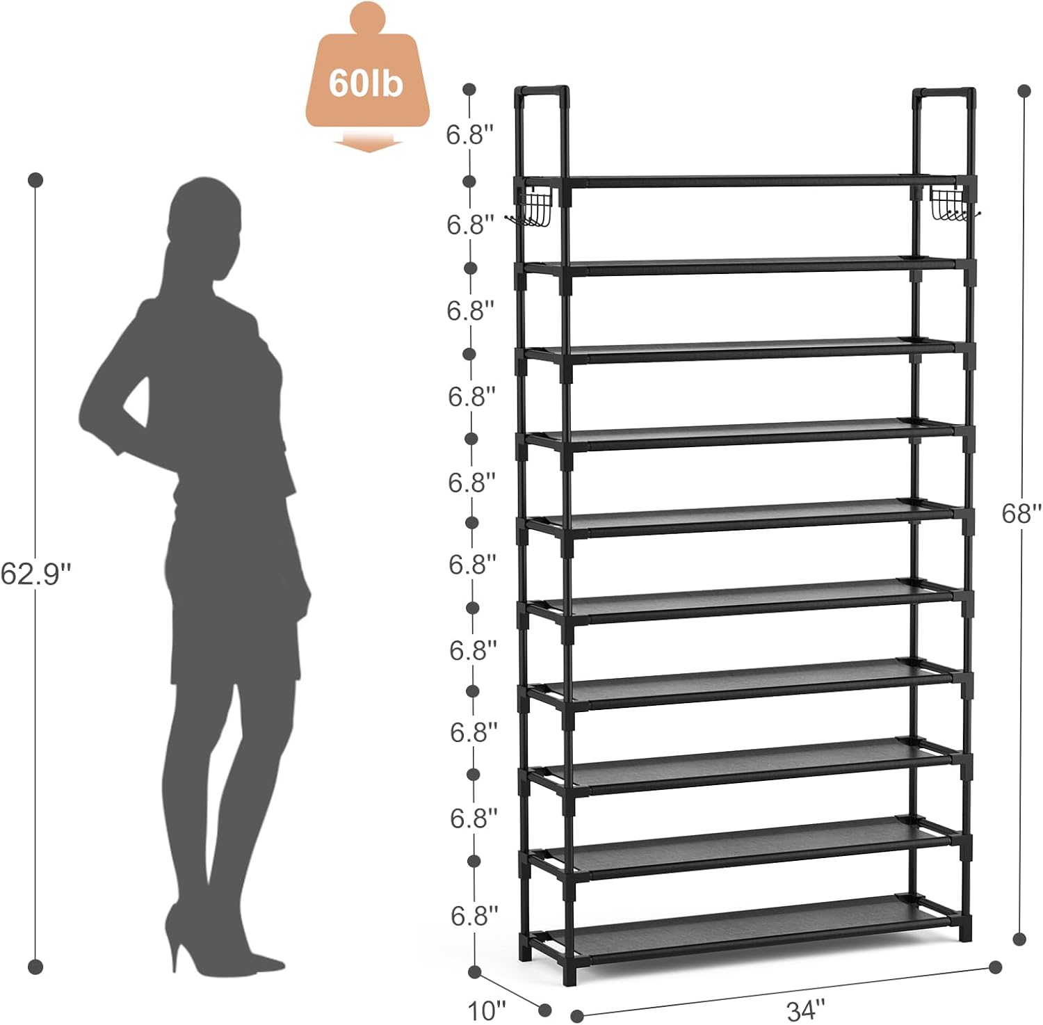 VTRIN Zapatero de 10 niveles alto, gran capacidad, 50 pares de organizador de...