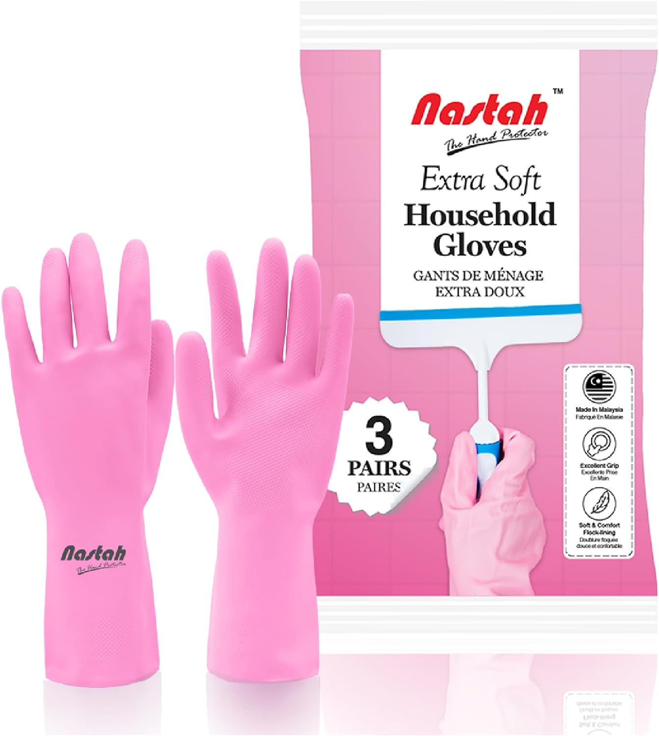 PFL2 Nastah Paquete de 3 pares de guantes domésticos rosados extrasuaves,