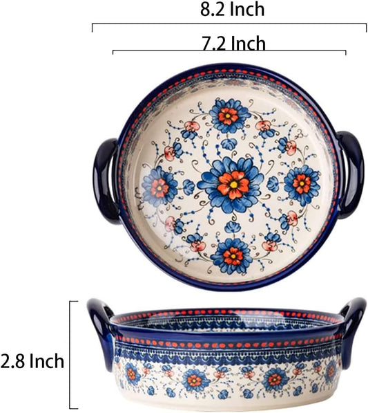 Cacerola de cerámica para hornear con diseño de flores azules y naranjas con...
