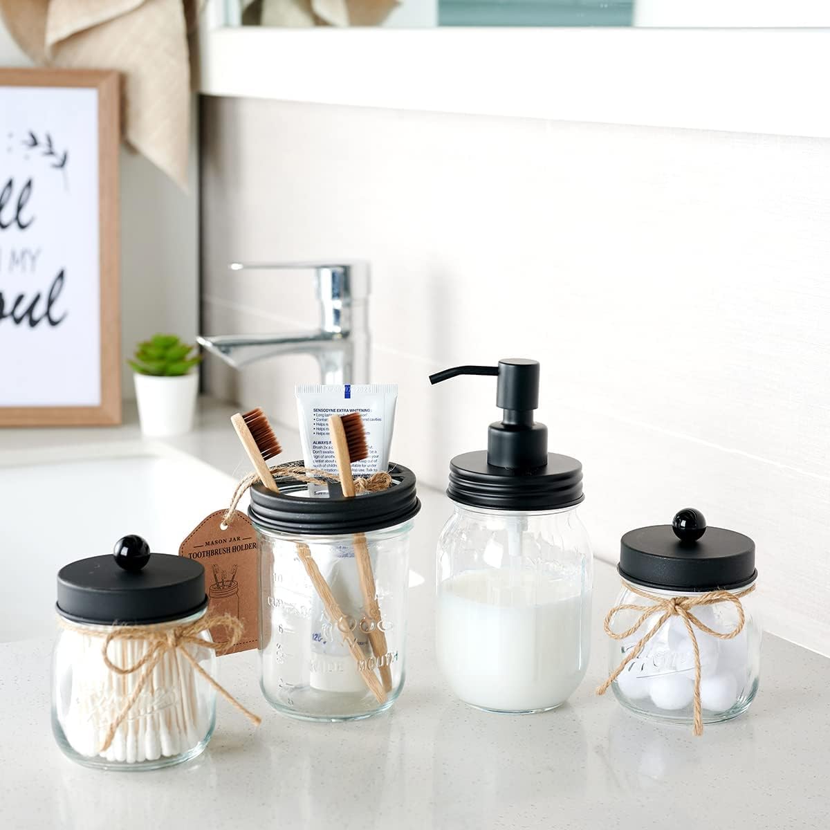 Amolliar Mason Jar - Juego de accesorios de baño de 4 piezas, dispensador de...