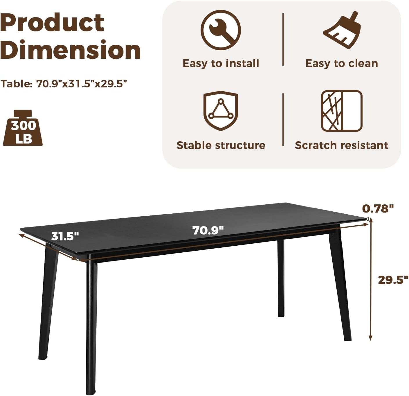 DELAVIN Mesa de comedor grande de madera maciza de 70.8 pulgadas para 6-8...