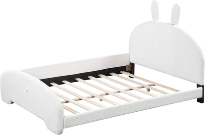 Cama tapizada de plataforma matrimonial con cabecera en forma de orejas de