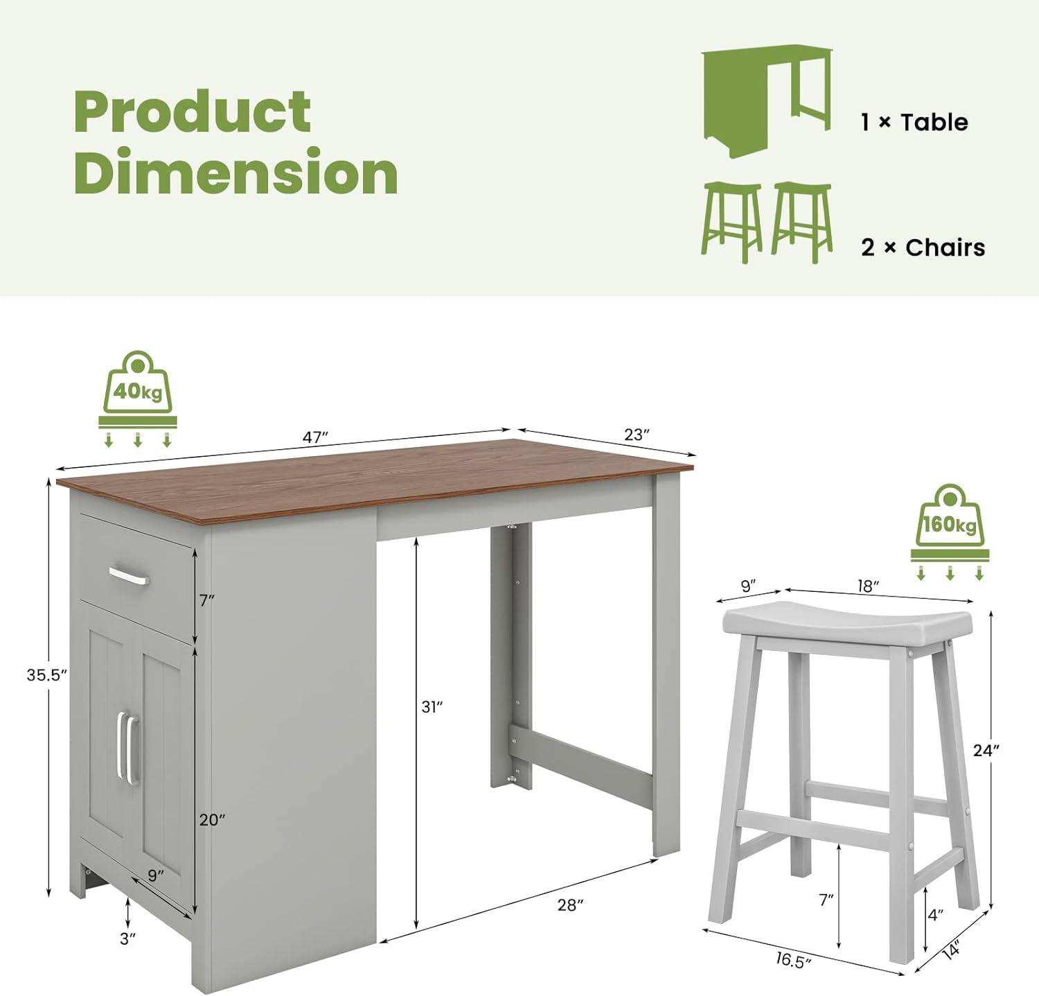 Juego de mesa de bar de 3 piezas para 2, juego de mesa de comedor de altura de