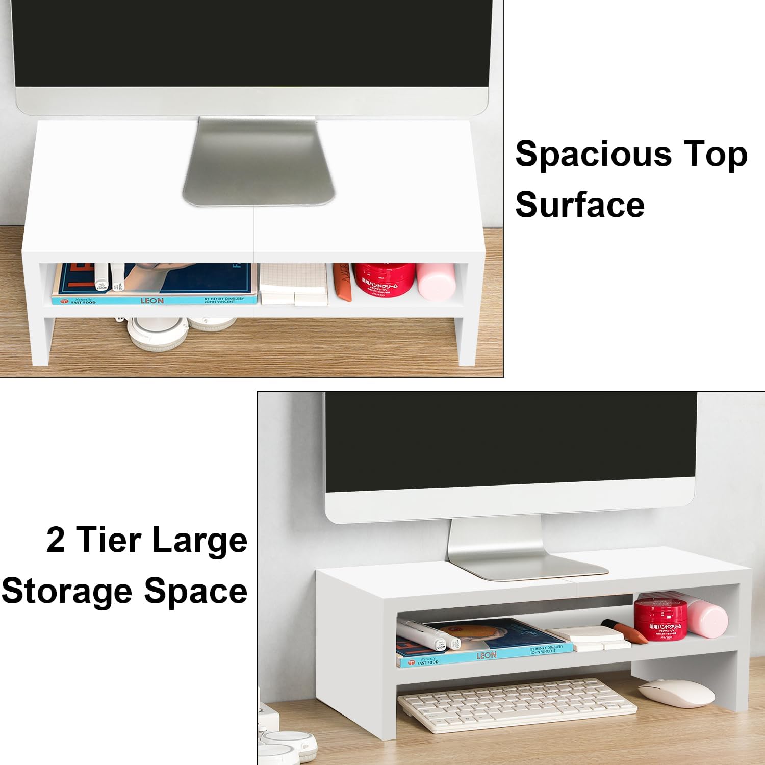 Soporte de madera para monitor de 2 niveles, soporte blanco para computadora