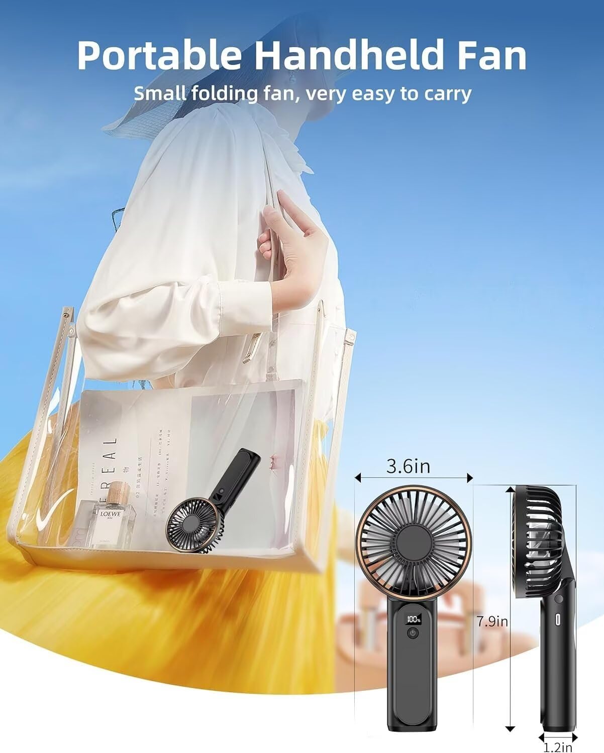 Ventilador de mano portátil recargable, 4000 mAh, ajustable en 180, 6...