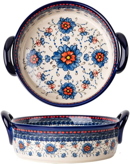 Cacerola de cerámica para hornear con diseño de flores azules y naranjas con...
