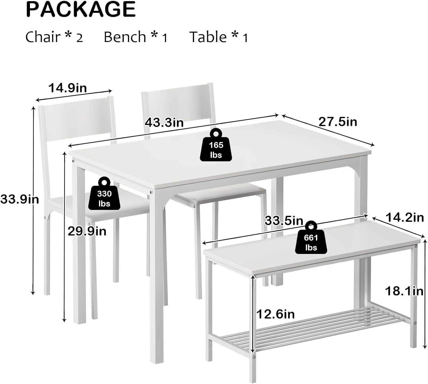 Juego de mesa de comedor de 43 pulgadas con 2 sillas y banco, juego de mesa de