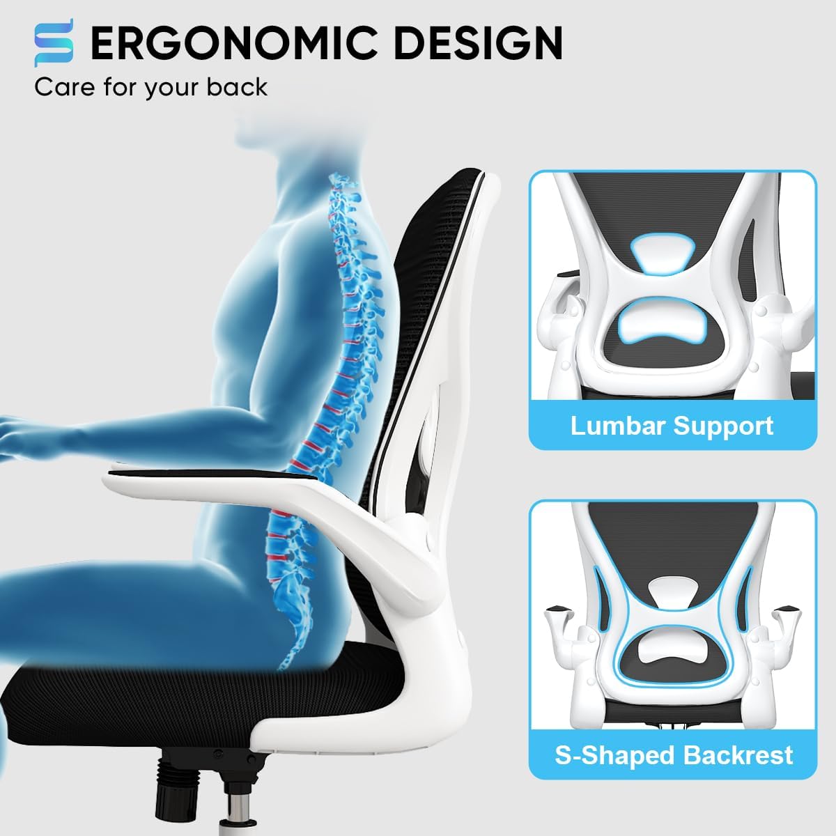 Sytas Silla de escritorio ergonómica con brazos abatibles acolchados y soporte...