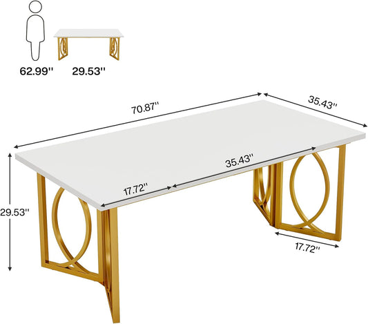 Mesa de comedor de 70.9 pulgadas, moderna mesa de cocina de oro blanco para 6