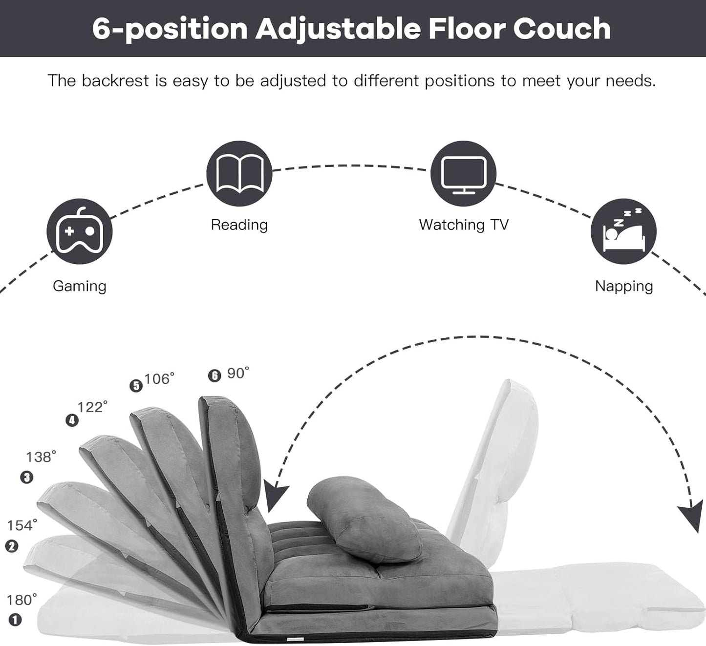 Sofá de suelo con 2 almohadas, sofá cama plegable ajustable de 6 posiciones con