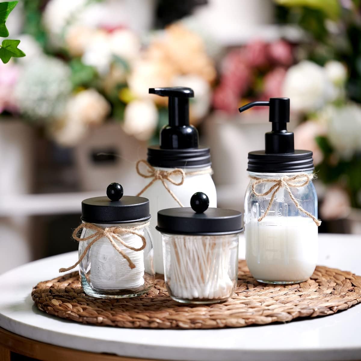 Amolliar Mason Jar - Juego de accesorios de baño de 4 piezas, dispensador de...