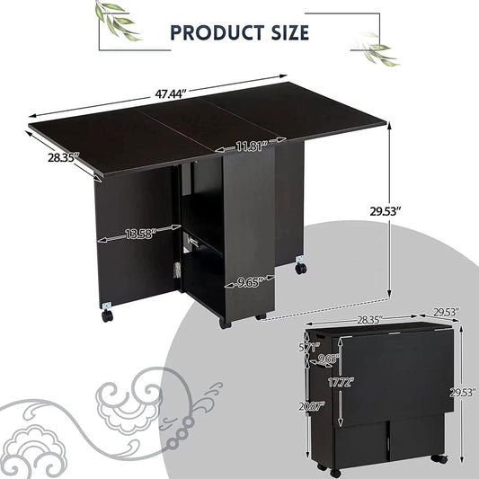 Mesa de comedor plegable con 6 ruedas, cajón y estante de almacenamiento de 2