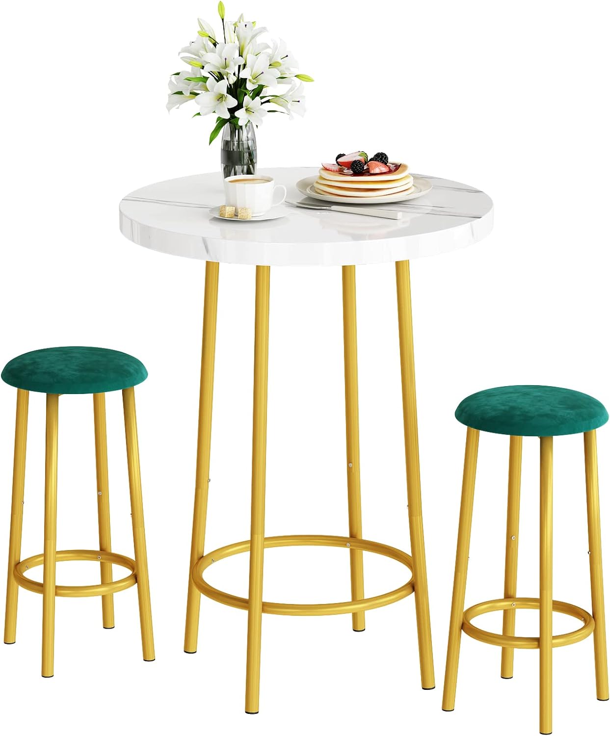 Hooseng Table Set, 3 Pieces Round Dining Table with Counter Height Faux Marble