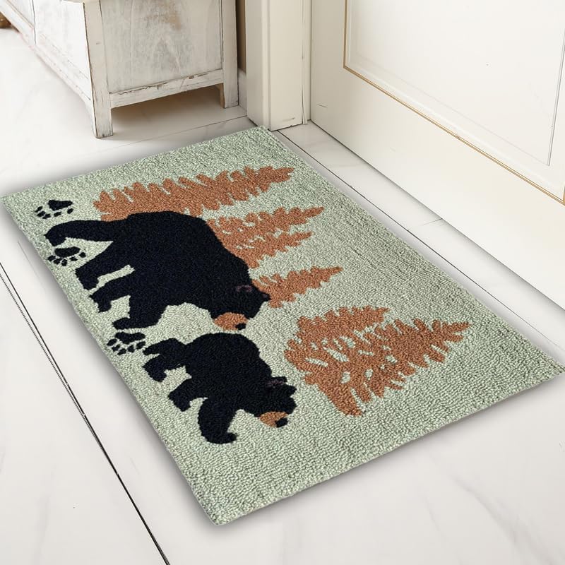 Woodland Bear Tree Silhouette Alfombra decorativa enganchada a mano, 28.5 x 17...
