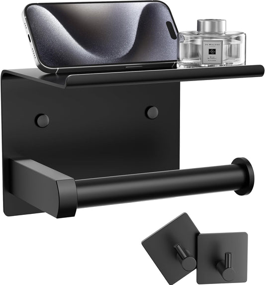 Tindbea Soporte de papel higiénico con estante para teléfono + ganchos para...