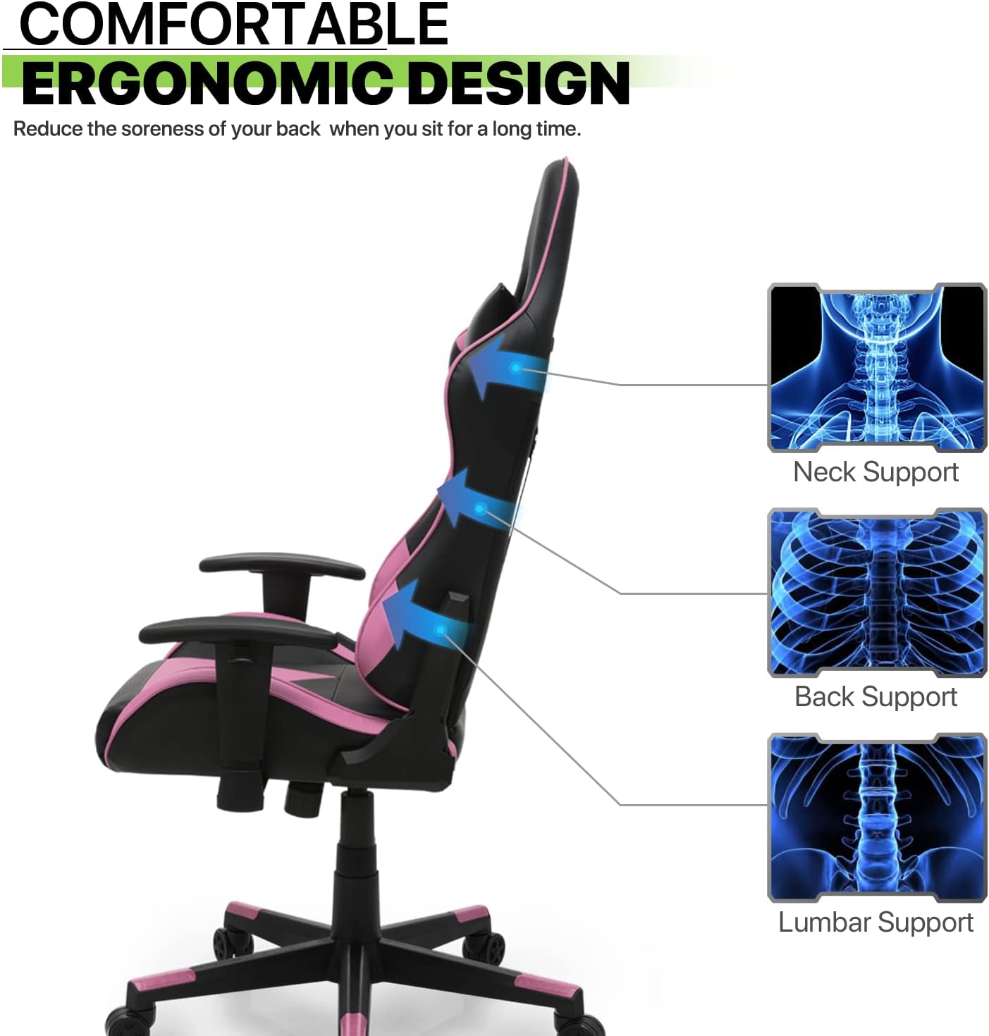 Magshion Silla ergonómica para juegos de 90 a 135, silla reclinable de respaldo...