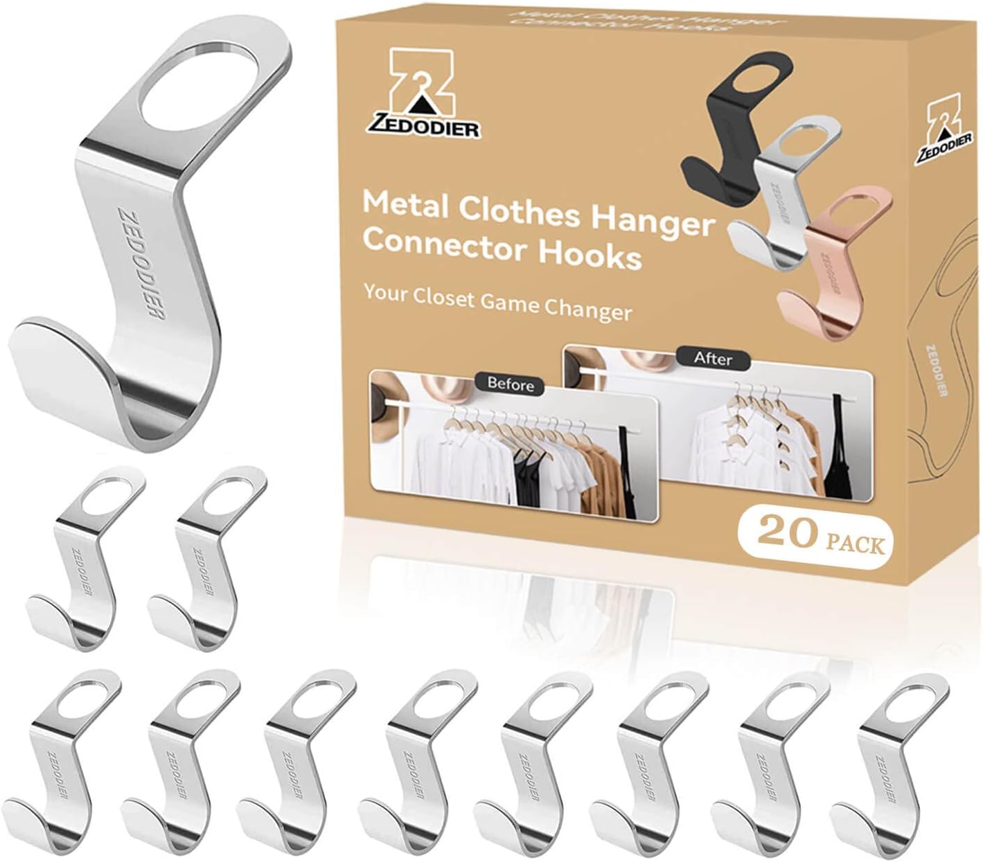 ZEDODIER Ganchos de metal para colgar ropa, paquete de 20 ganchos extensores