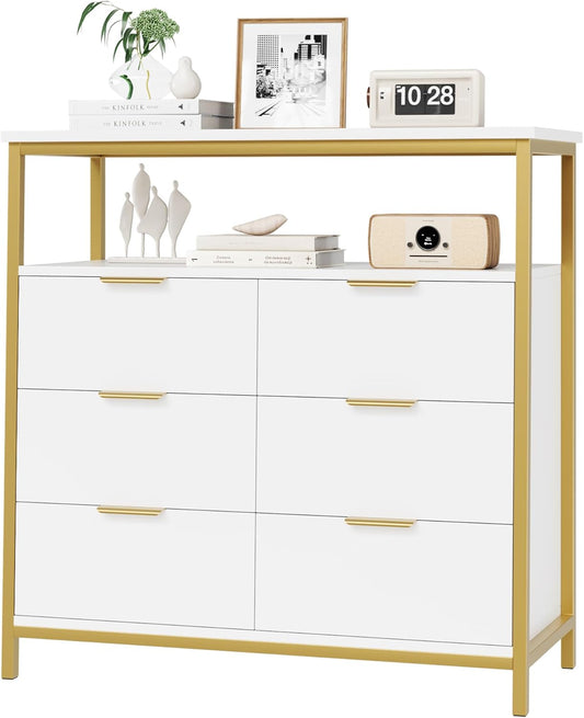 Cómoda blanca moderna, cómoda de 6 cajones con estante, cómoda de madera con