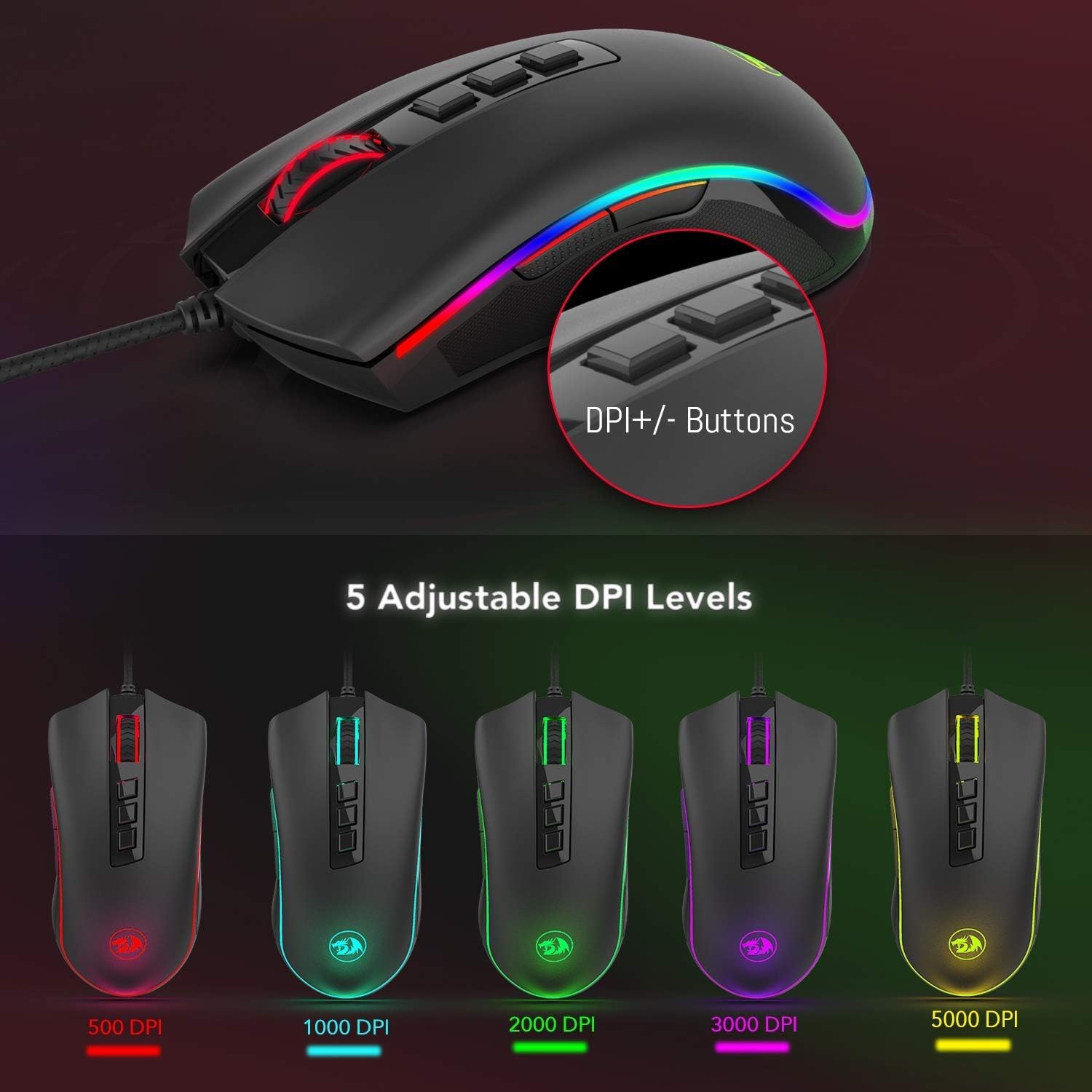 Redragon M711 Cobra - Mouse para videojuegos con retroiluminación croma RGB de...