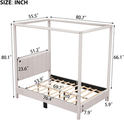Designs Cama con dosel tamaño matrimonial con puertos USB y tipo C, base de