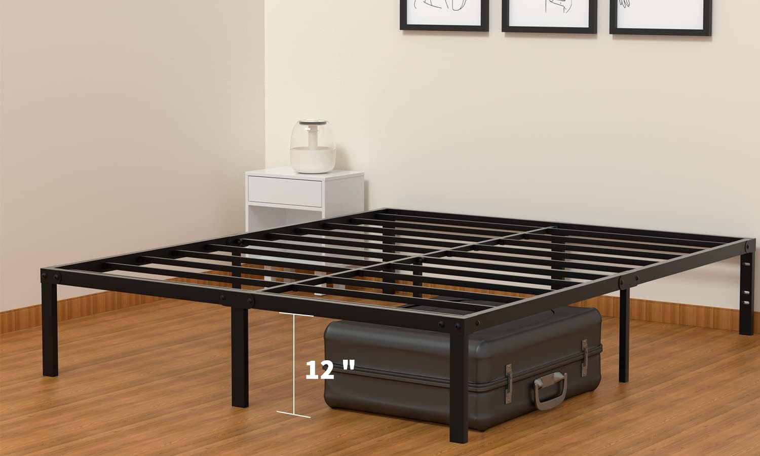 Base de cama de tamaño individual con almacenamiento de metal de 14 pulgadas,...