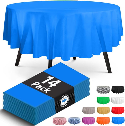HSGUS Paquete de 14 manteles redondos de plástico azules, 84 x 84 pulgadas,...