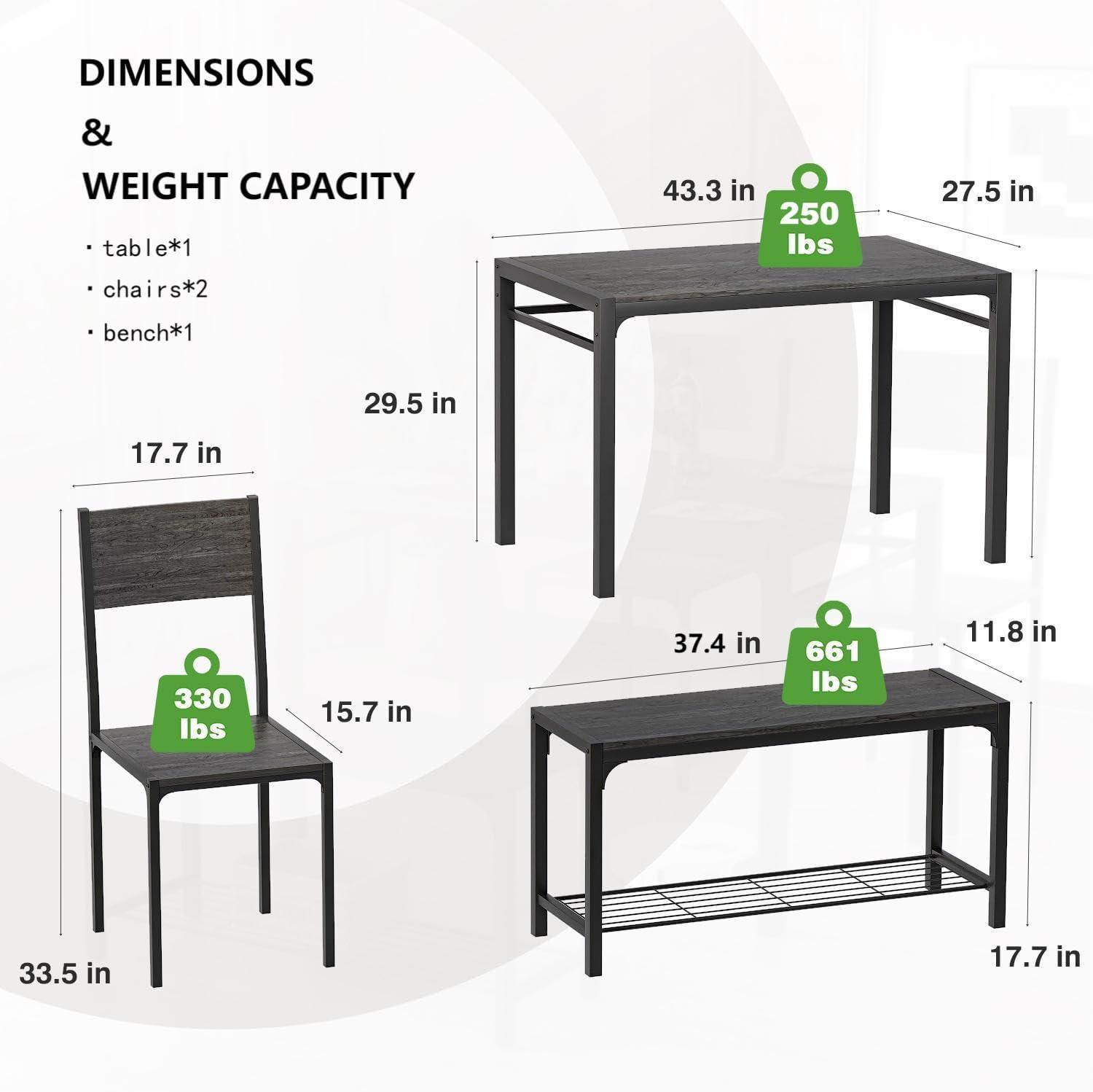 Mesa de cocina y 2 sillas para 4 personas con banco, juegos de comedor de 4