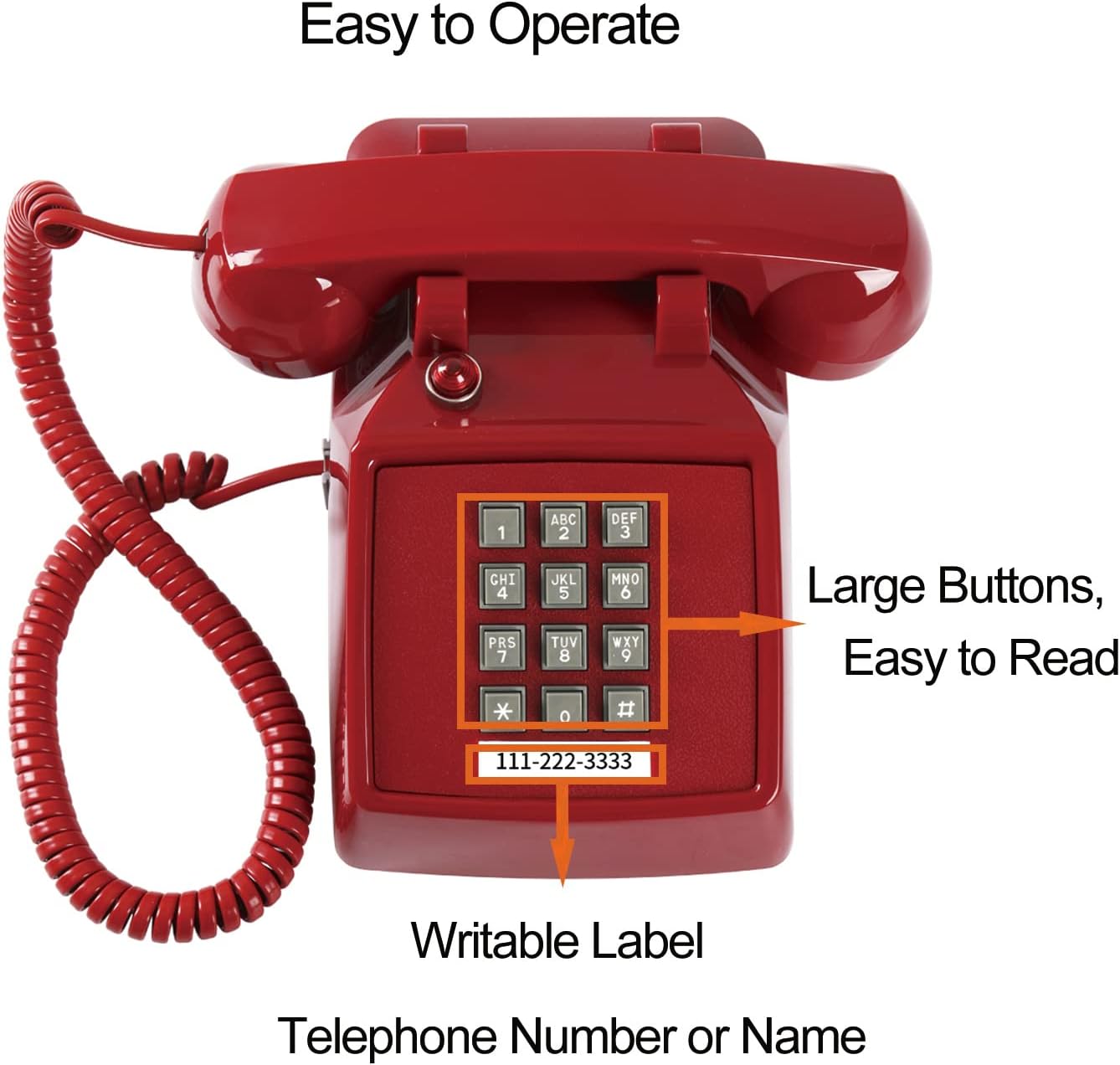 Teléfono fijo rojo tradicional, teléfono con cable retro con indicador de...