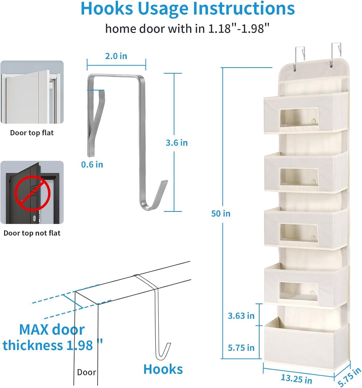 Organizador colgante de 5 estantes sobre la puerta con 2 ganchos de metal, 5
