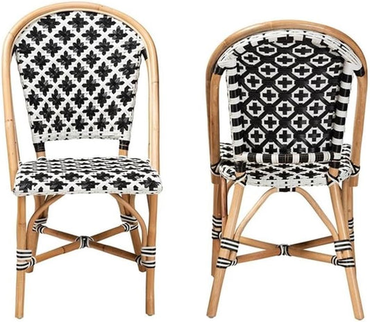 Baxton Studio Ambre Francés Blanco y Negro Tejido Natural Rattan Bistro Silla