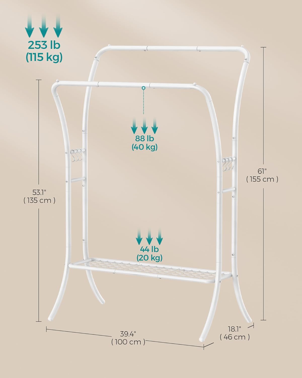 SONGMICS Perchero de ropa con estantes, perchero resistente, perchero de doble