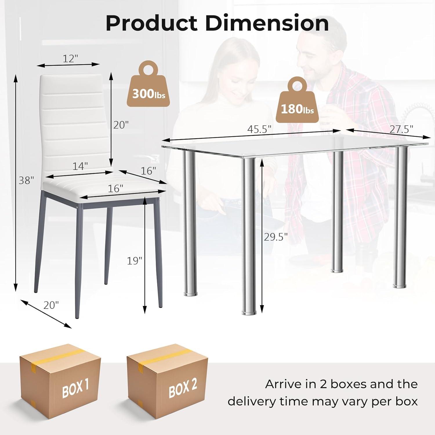 Juego de mesa de comedor para 4, moderna tapa de vidrio templado y silla de