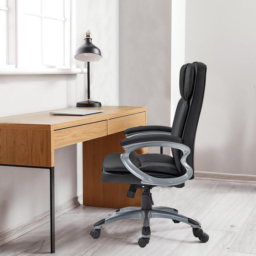 Silla De Oficina Giratoria Ergonómica De Cuero Negro Con Reposabrazos, Elegante, Liventra