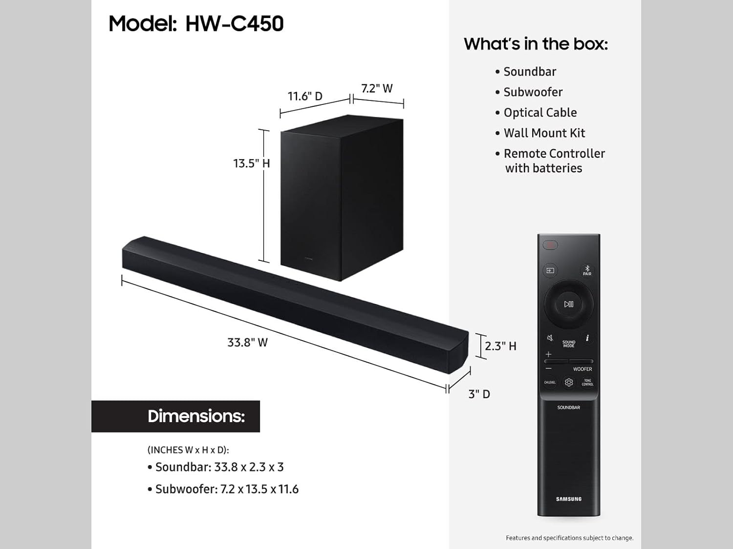 SAMSUNG Barra de sonido HW-C450 de 2.1 canales con DTS Virtual X, subwoofer...