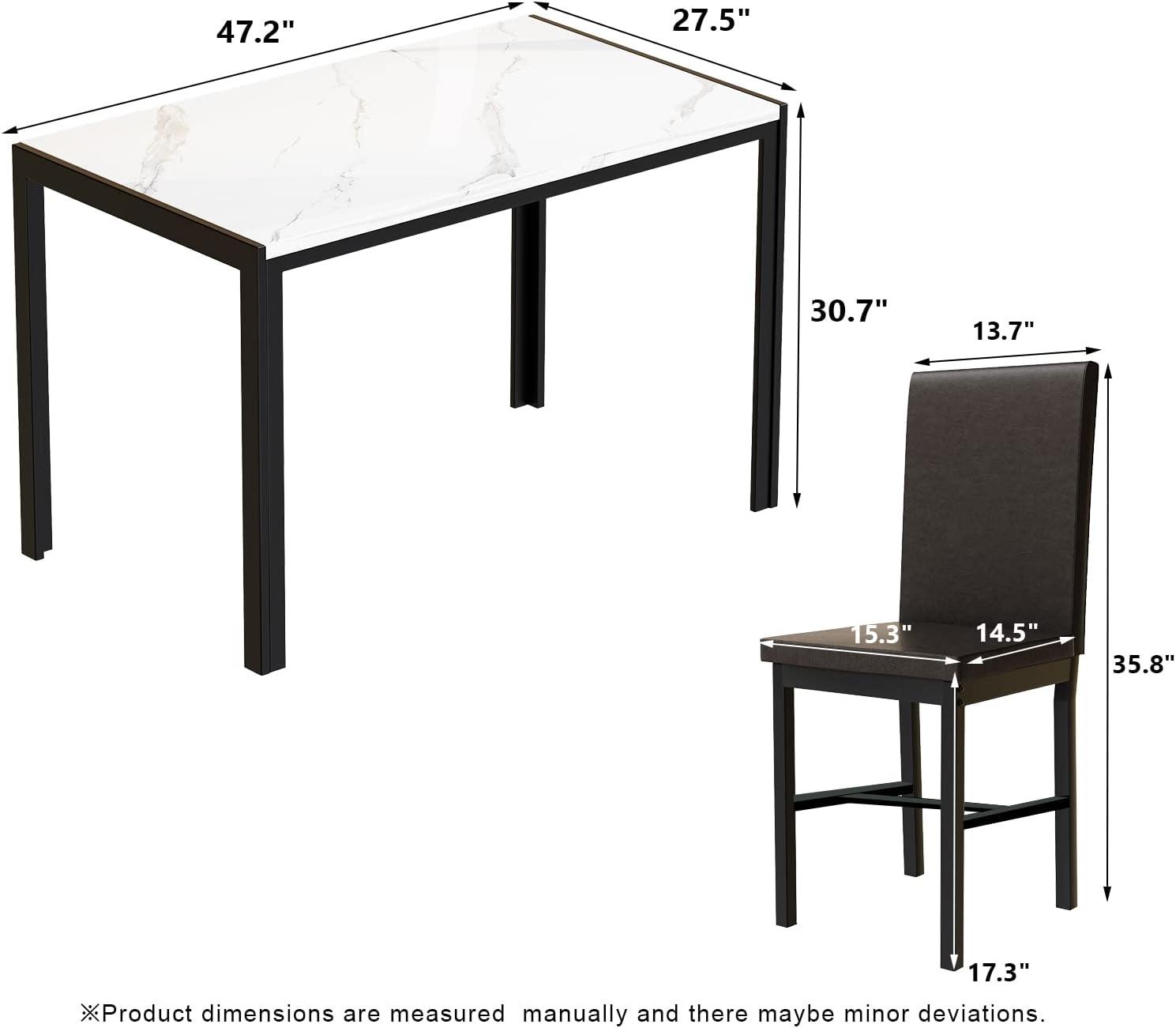 MIERE Juego de 5 piezas de mármol, mesa 4 con sillas de marco de metal de piel