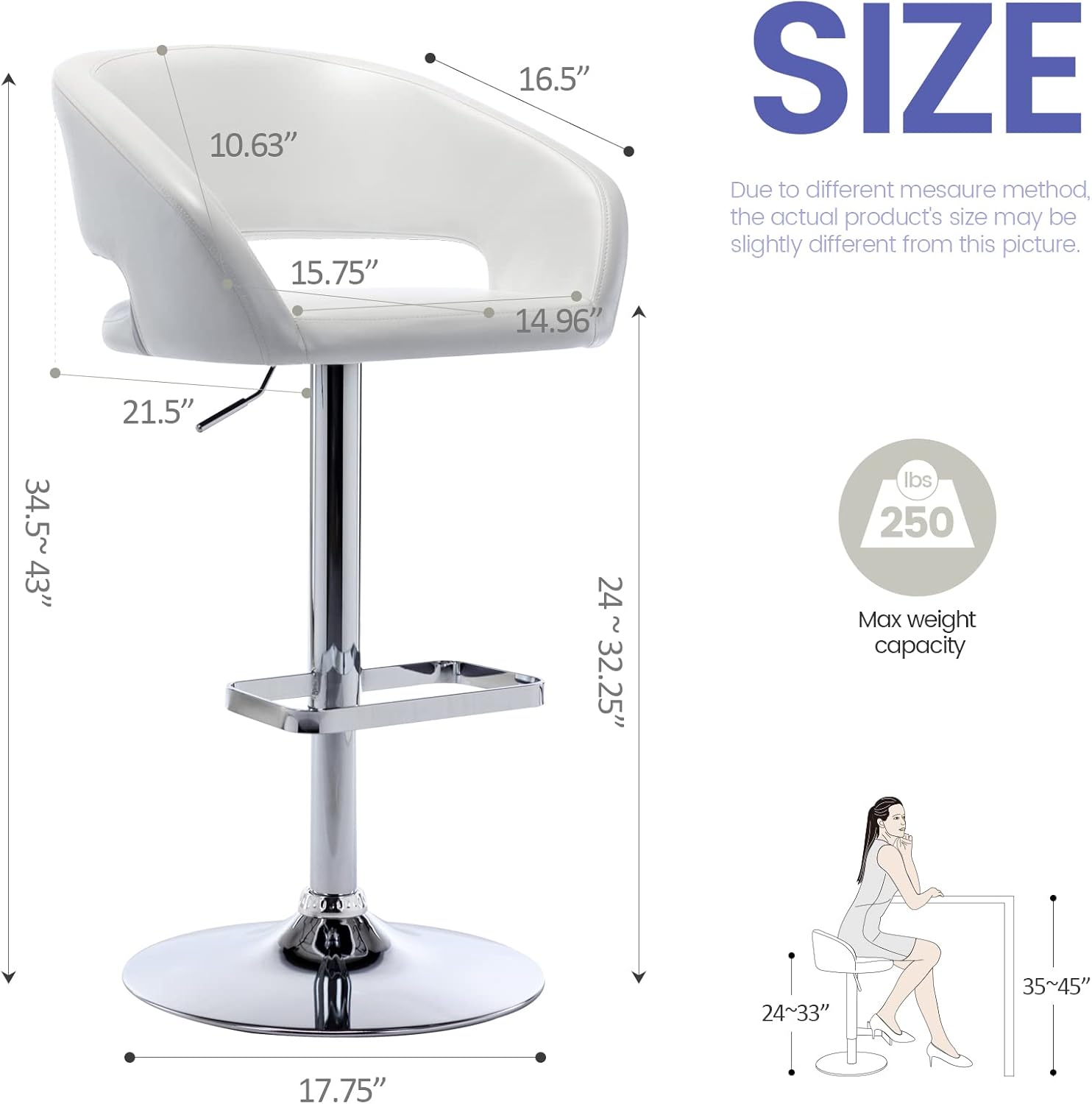 Vogue Furniture Direct Taburete de bar ajustable con respaldo y brazos huecos,...