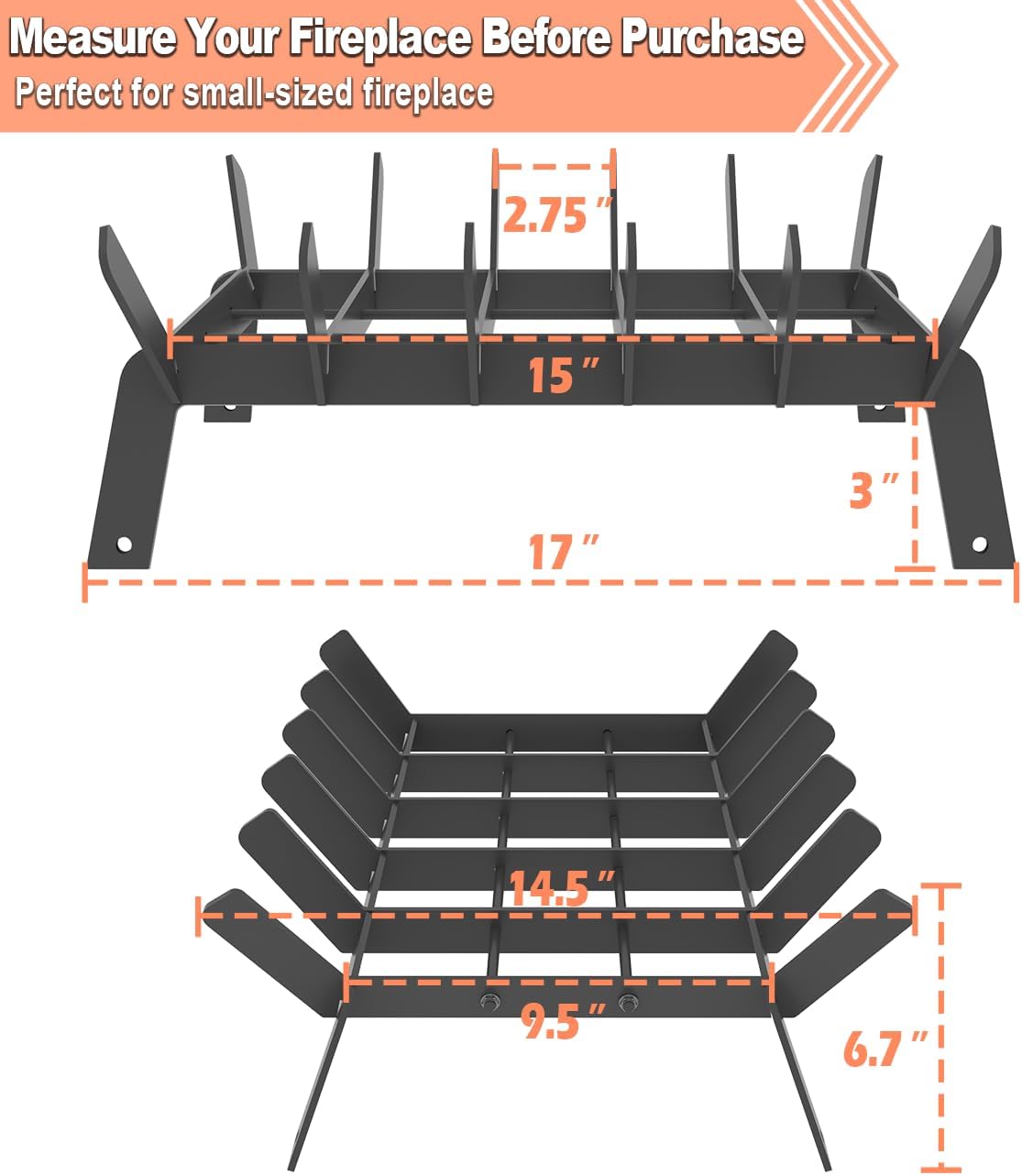 Rejilla de chimenea resistente de 17 pulgadas, soporte pequeño de leña con 6...