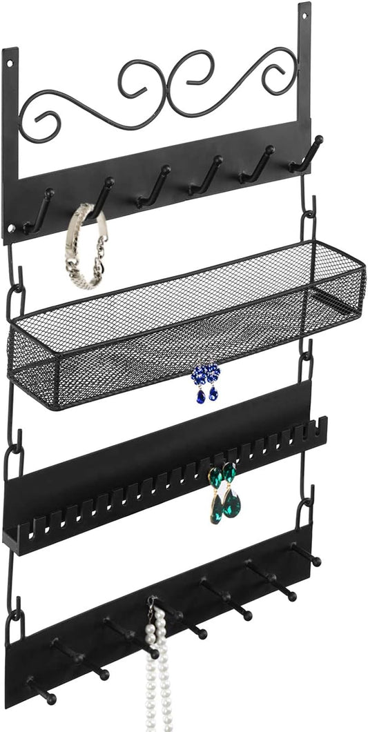 MyGift Organizador de joyas colgante de metal negro de 4 niveles con 18