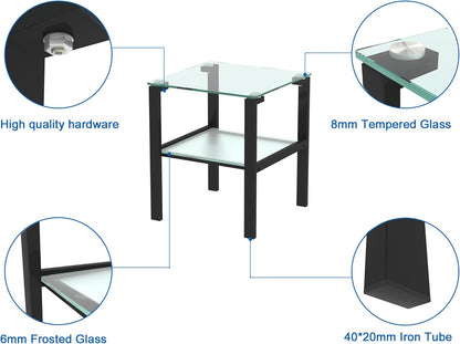 Mesa auxiliar superior de cristal, mesa auxiliar cuadrada de vidrio para sala