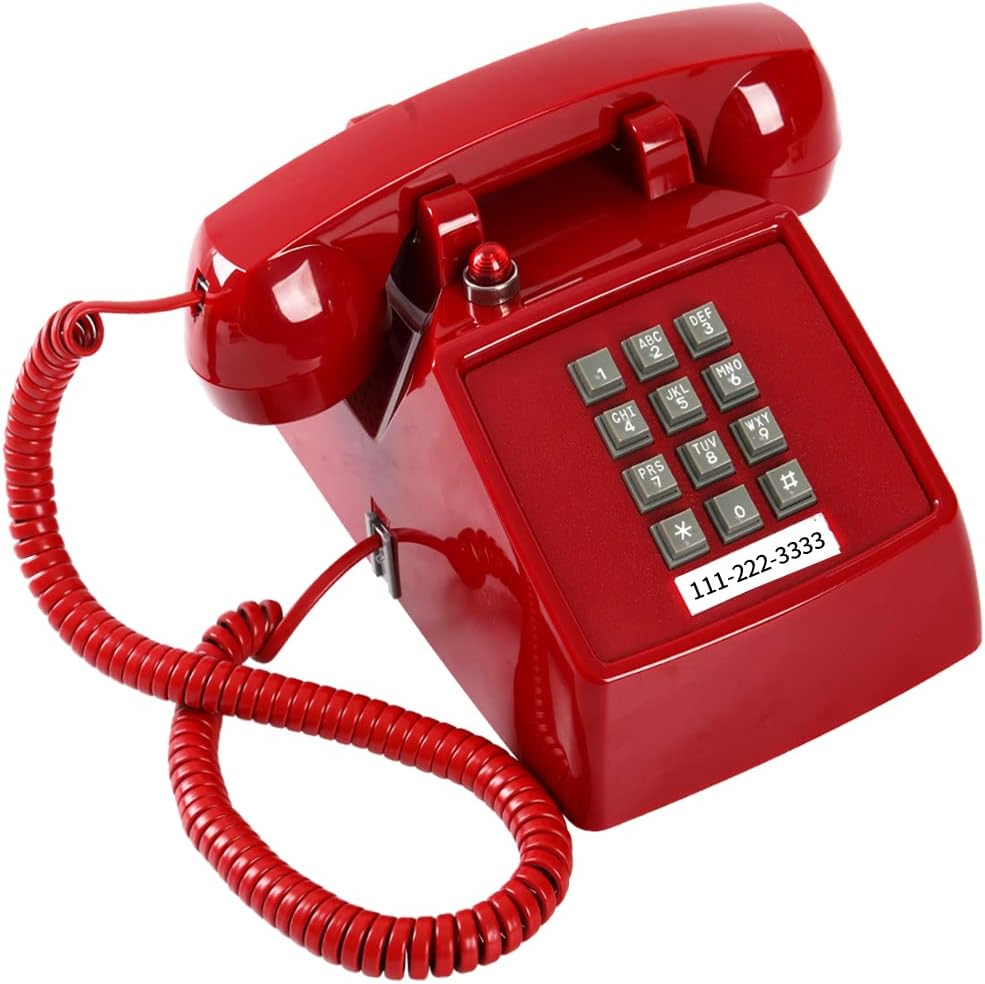 Teléfono fijo rojo tradicional, teléfono con cable retro con indicador de...