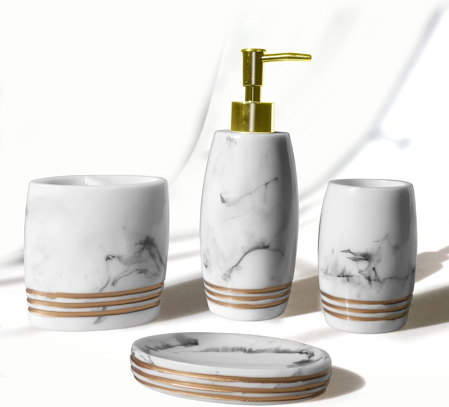 Juego de 4 accesorios de baño de resina que incluye vaso, jabonera, dispensador...