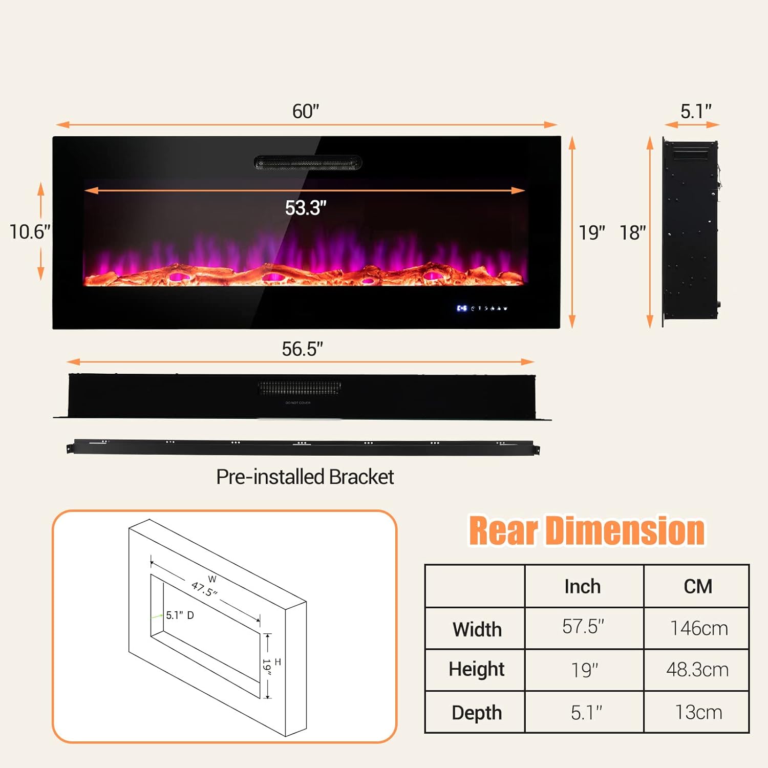 COSTWAY Chimenea eléctrica de 60 pulgadas de ancho, 750 W1500 W empotrada y...