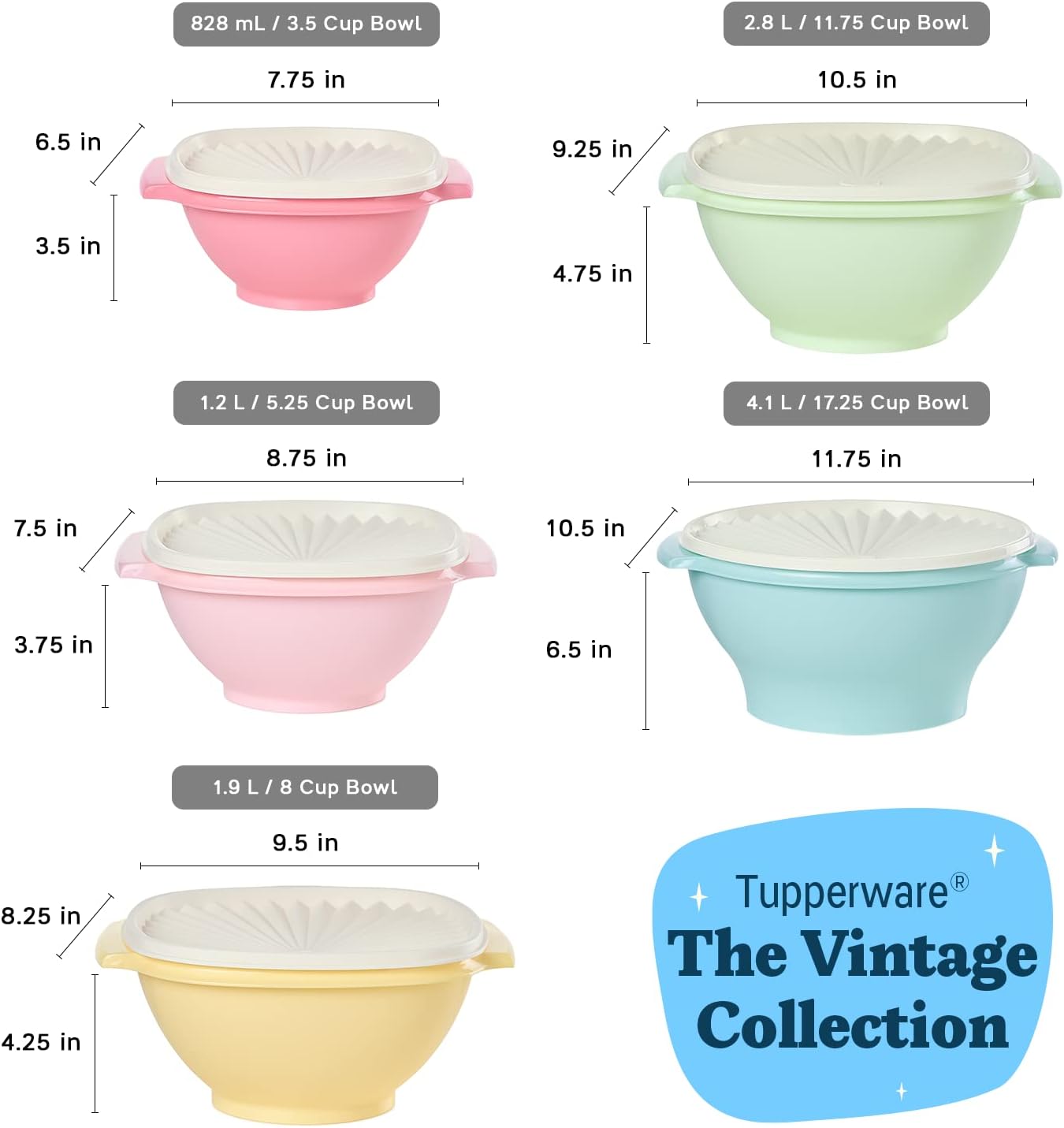 Tupperware Heritage Collection - Juego de 5 cuencos + 5 tapas (10 piezas) para...