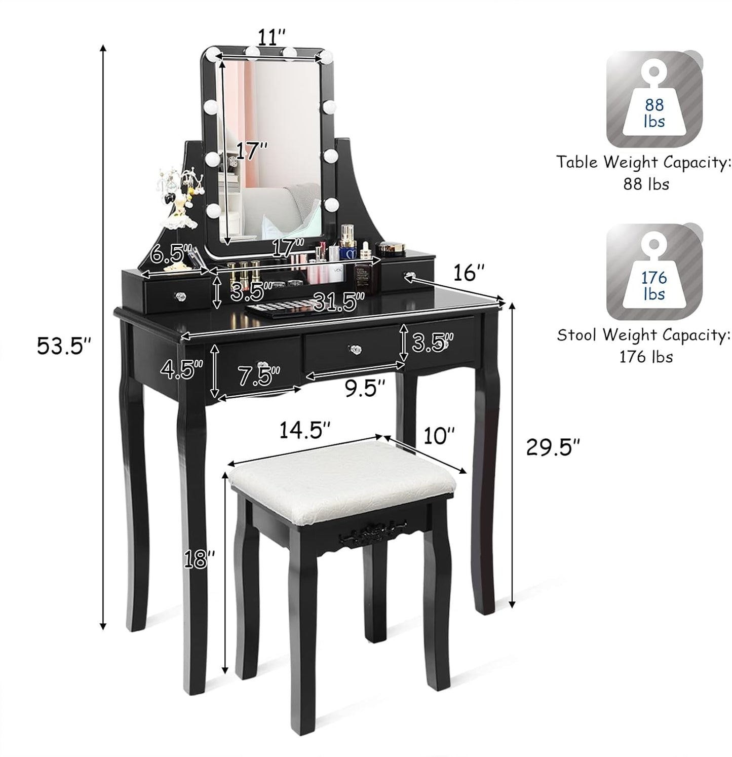 LDAILY Juego de mesa de tocador con 10 luces LED, tocador de maquillaje con