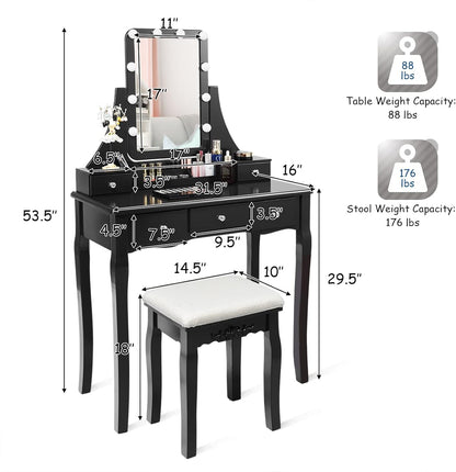 LDAILY Juego de mesa de tocador con 10 luces LED, tocador de maquillaje con