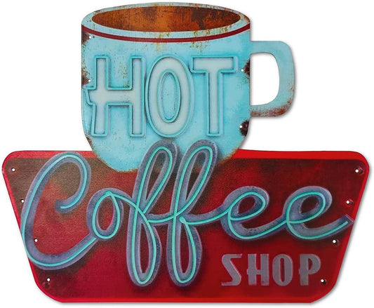 QMARK Letrero vintage de hojalata, cafetería caliente, letrero de metal en...